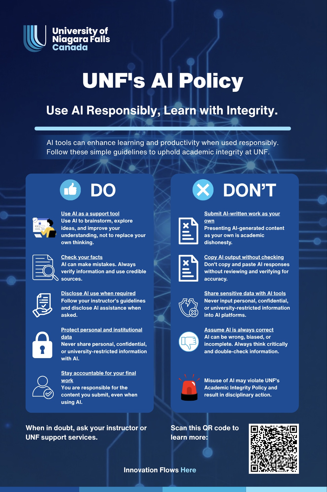 Campaign infographic summarising responsible generative AI use for students.